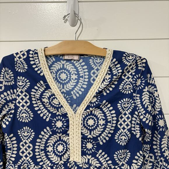 Saiph Lab | Dress Tiered Bell Sleeve Santorini Mini White Blue- Small - Picture 2 of 9